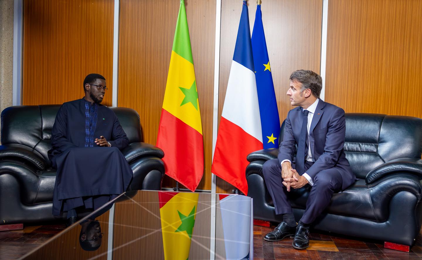 Diomaye Faye and Emmanuel Macron discussing Senegal-France cooperation in Nairobi