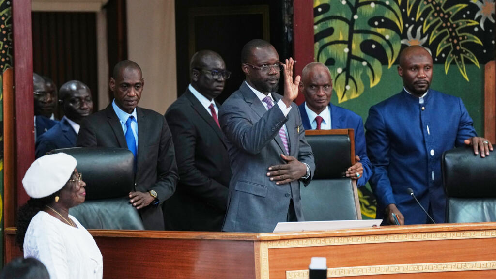 Ousmane Sonko arrives to deliver a speech after being elected president of the National Assembly on Tuesday, May 26, 2026, in Dakar.