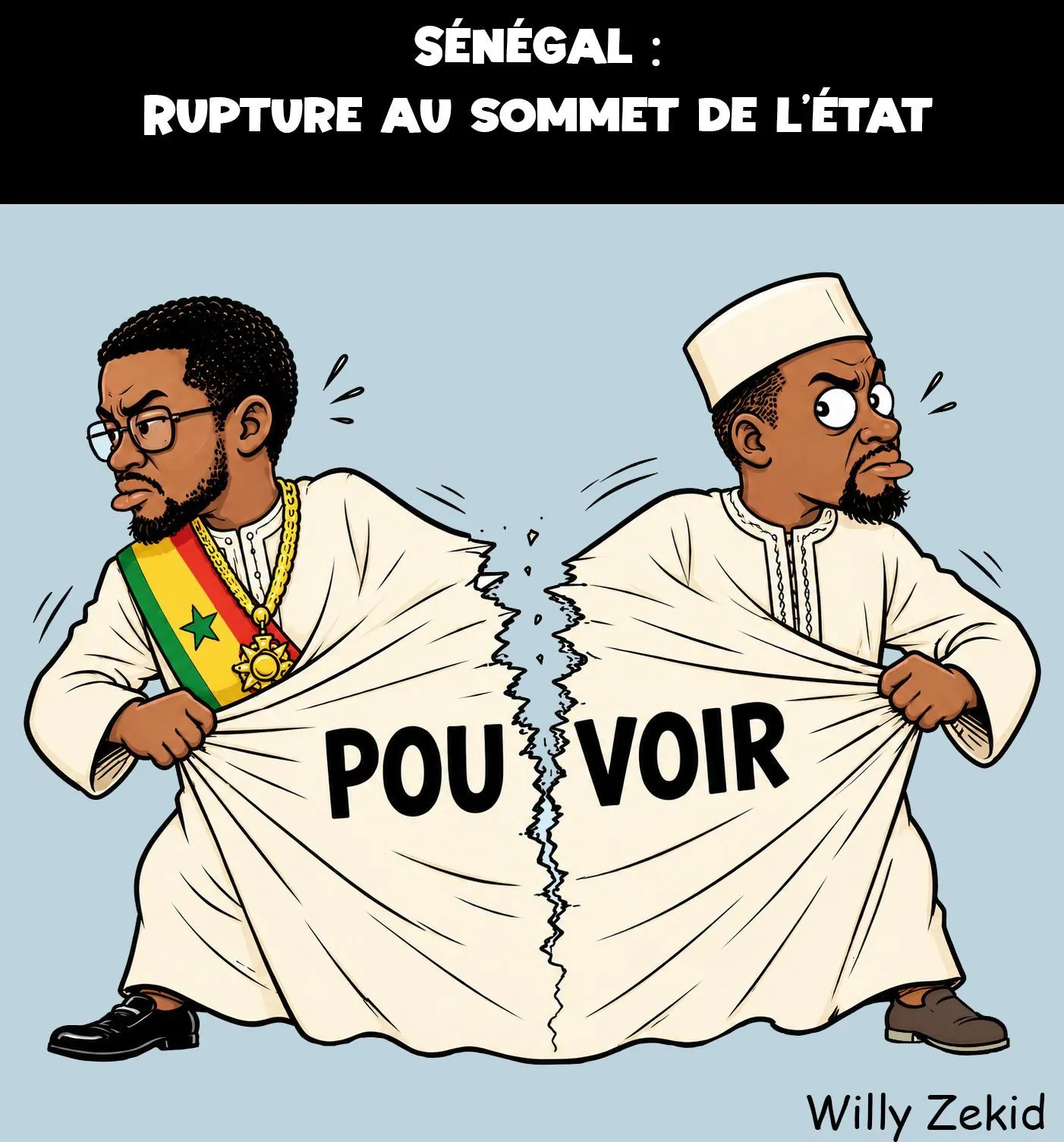Caricature showing Ousmane Sonko and Bassirou Diomaye Faye moving away, tearing the tunic that united them and on which 'power' is written.