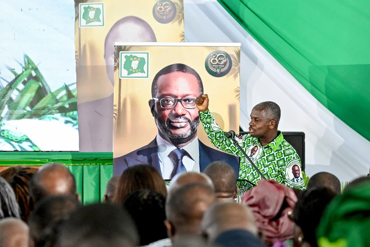 Calice Yapo Yapo, the PDCI’s executive secretary, during the party’s 80th anniversary celebrations on April 9, 2026, in Abidjan. © Issouf SANOGO/AFP