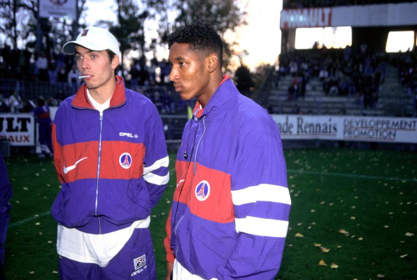 Nicolas Anelka (right) with teammate Jérôme Leroy in PSG colors during an October 1996 match in Rennes