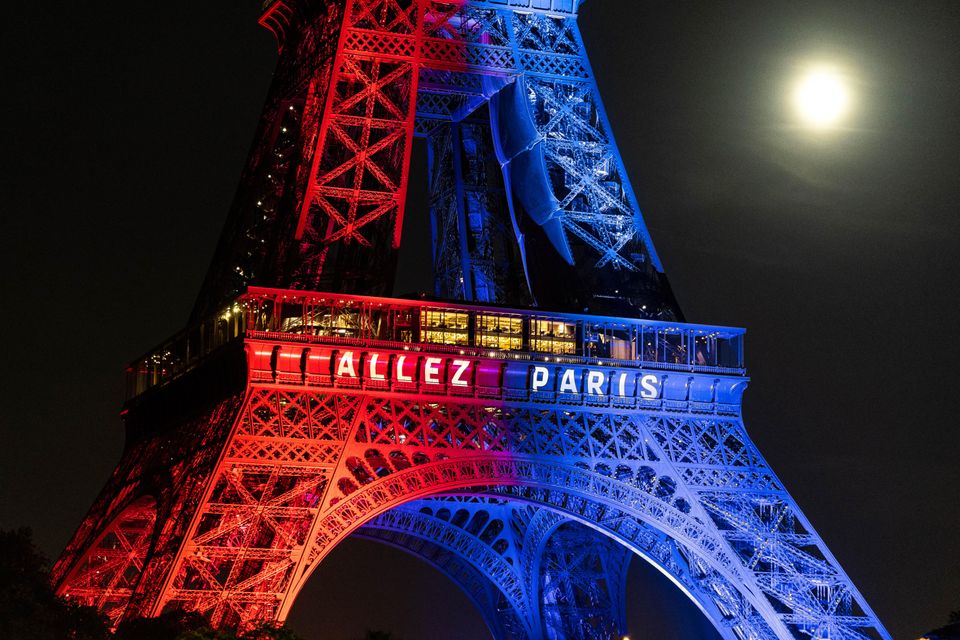 Eiffel Tower lit up in PSG colors ahead of the Champions League final