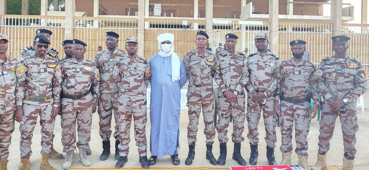 Chad police officers at a press briefing in N'Djamena