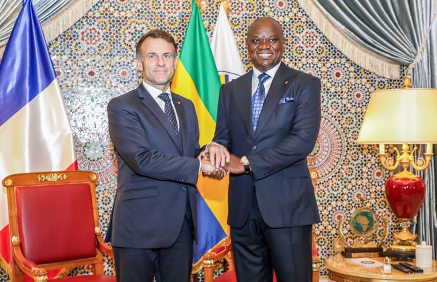 French President Emmanuel Macron and Gabonese leader Brice Clotaire Oligui Nguema discussing bilateral cooperation