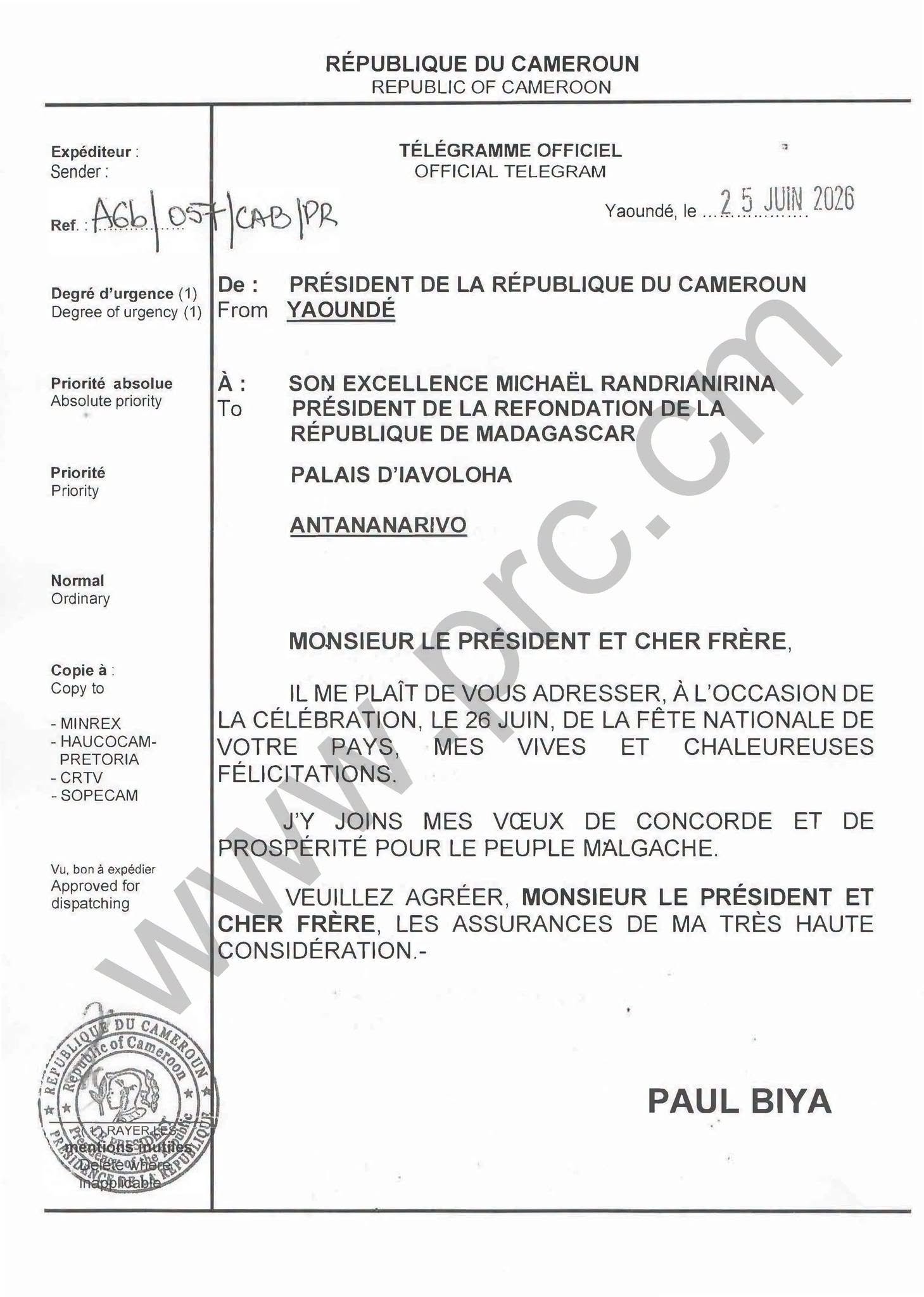 President Paul Biya's congratulatory message to His Excellency Michaël Randrianirina on the occasion of Madagascar's National Day celebration, June 26, 2026.