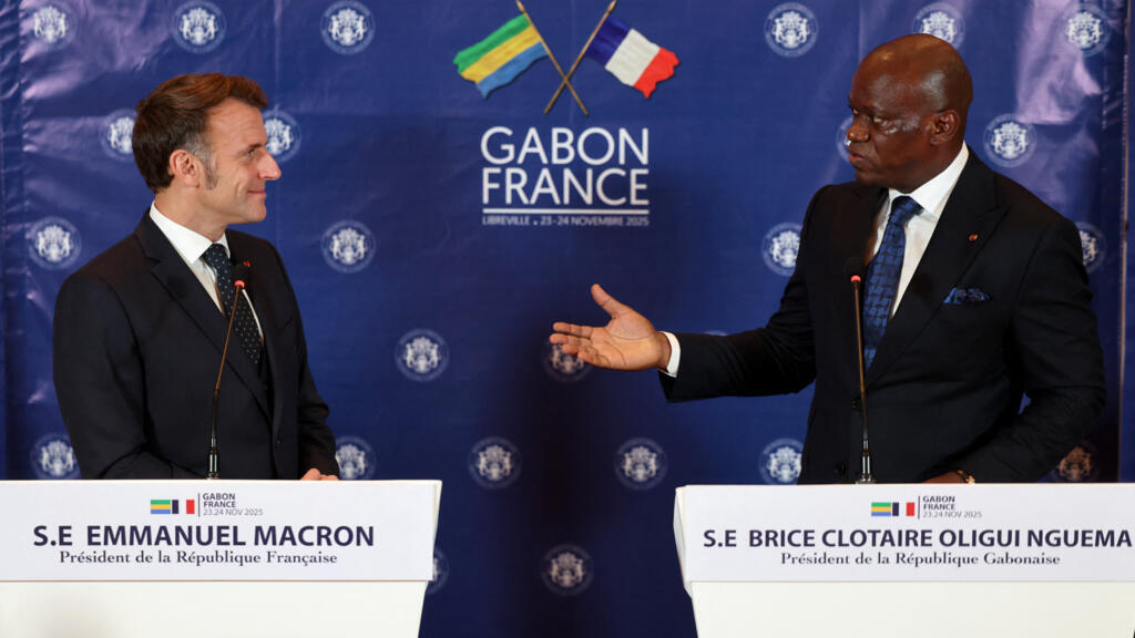French President Emmanuel Macron and Gabon's President Brice Oligui Nguema during a joint press conference in Libreville, November 23, 2025.