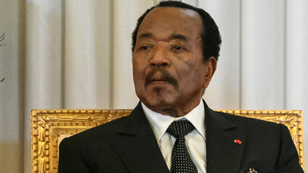 Cameroon’s President Paul Biya watches Pope Leo XIV (off-camera) deliver a speech at the presidential palace in Yaoundé on the third day of an 11-day apostolic journey in Africa, April 15, 2026.
