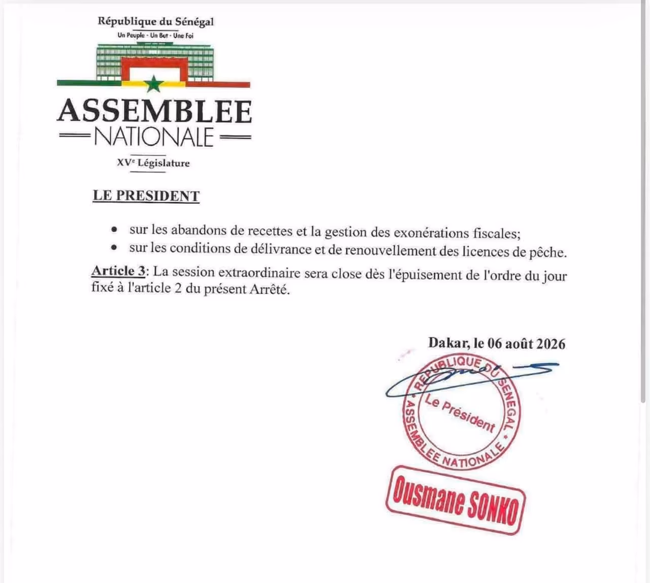 session preparation for Senegal's national assembly extraordinary meeting