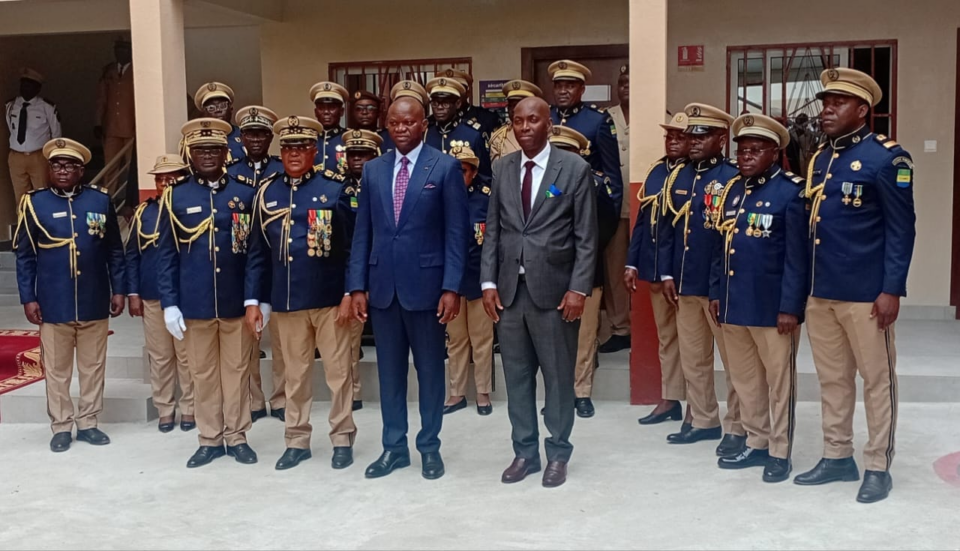 Gabon's President Brice Clotaire Oligui Nguema speaking at the inauguration of the new penitentiary security headquarters building in Libreville